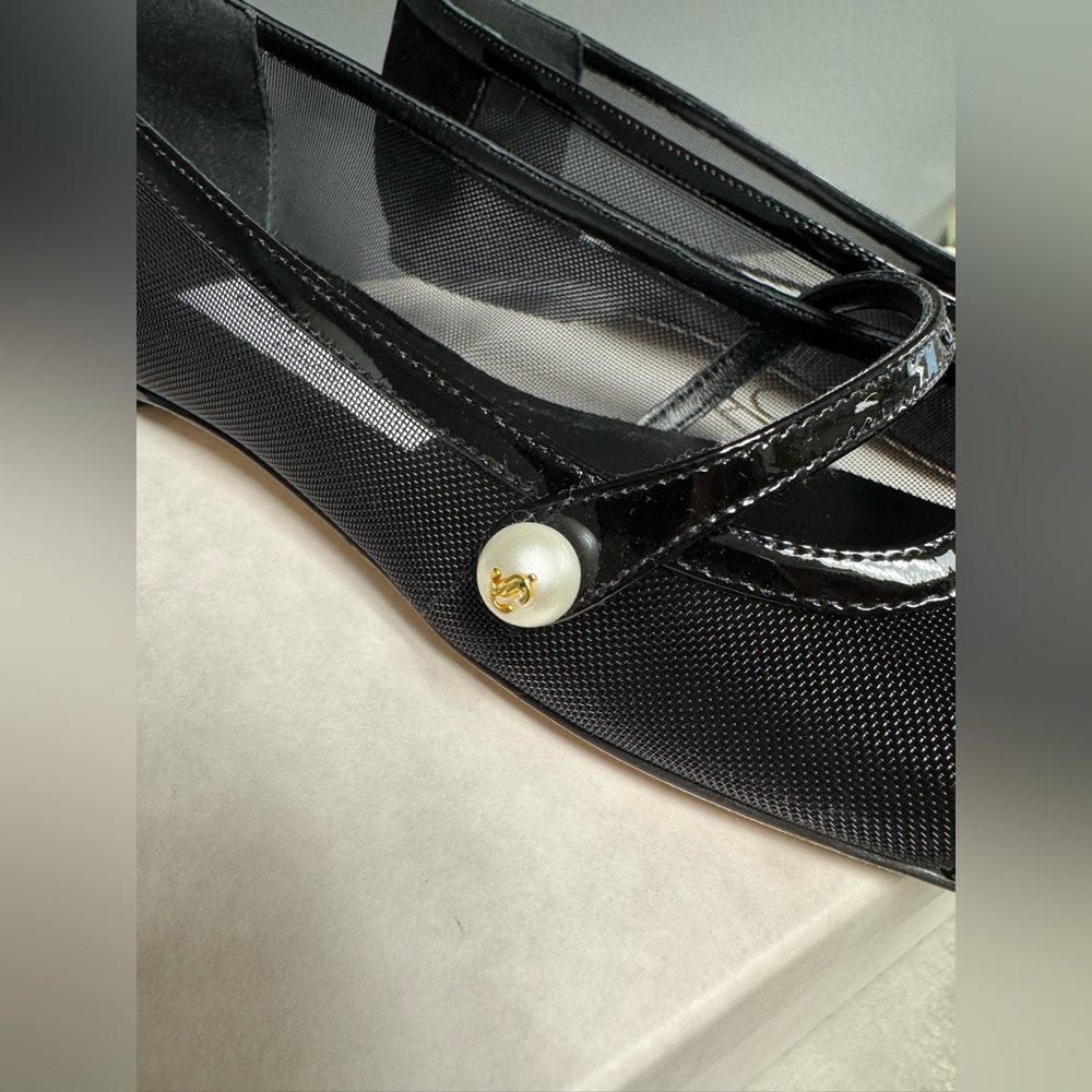 NIB- Jimmy Choo Black Patent Leather Elisa Flats with Pearl Accent - Picture 3 of 8